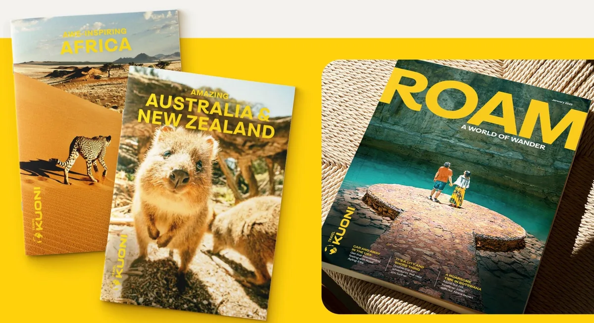 Kuoni destination brochures and ROAM magazine, showing the editorial and print design system.